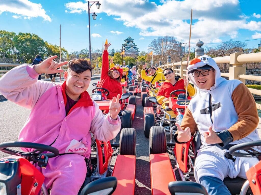Street go-karting in the Osaka with Osaka Castle in the background