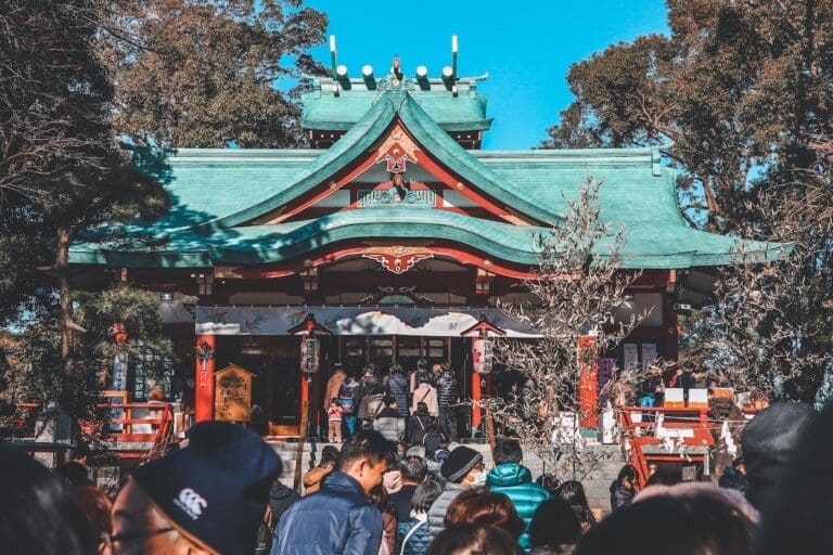 People queuing at a Japanese temple on New Years Day