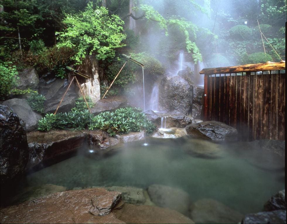 Outdoor onsen bath surrounded by rocks and trees at Kanbayashi Hotel Senjukaku