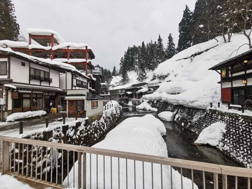 Kunosaki Onsen in Japan during winter, onsen town covered in snow