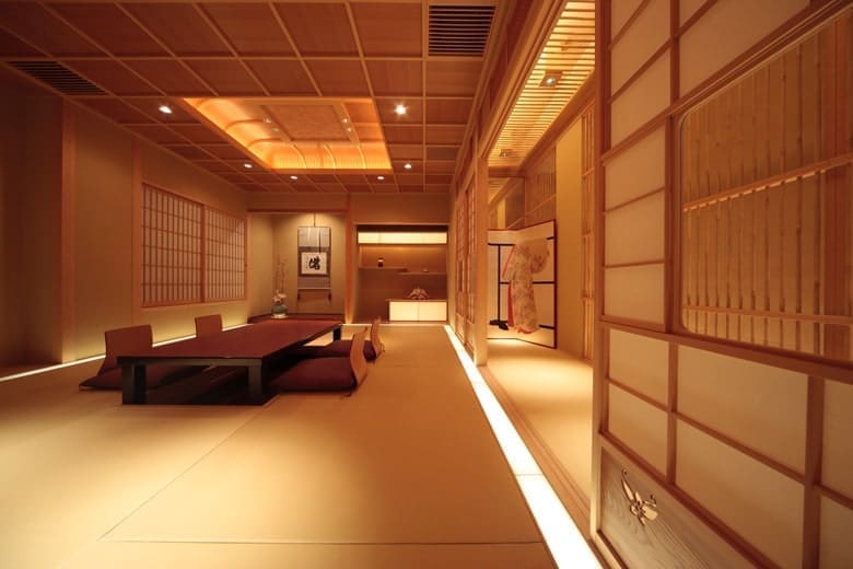 Interior of a tea house in Kyoto where guests can have private dinners with geiko and maiko