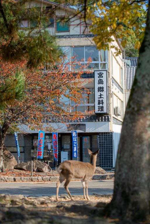 Exterior of Yamaichi Bekkan with a sign in Japanese and a deer walking nearby on the sidewalk, with trees showing autumn colors.