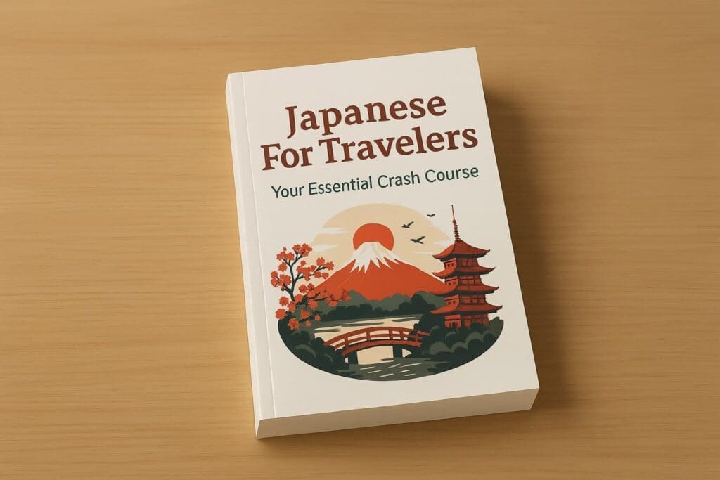 A paperback book titled “Japanese For Travelers: Your Essential Crash Course” resting on a wooden desk. This Japanese language guide is designed for travelers visiting Japan, covering essential phrases, kanji, vocabulary, and basic grammar for beginners.