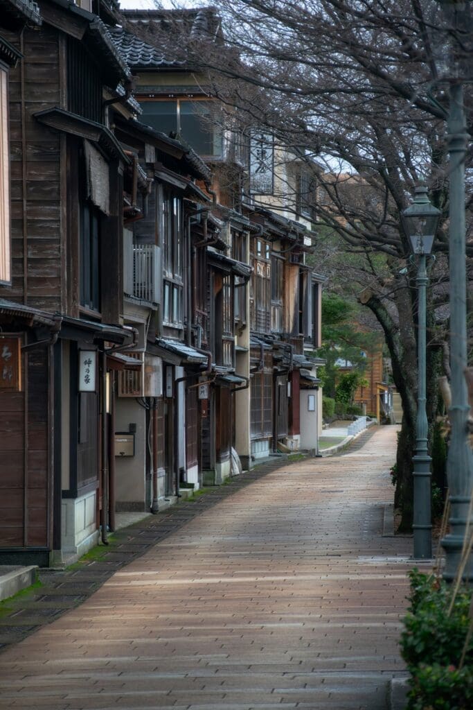 Street lined with traditional wooden tea houses in Kazuemachi, Kanazawa