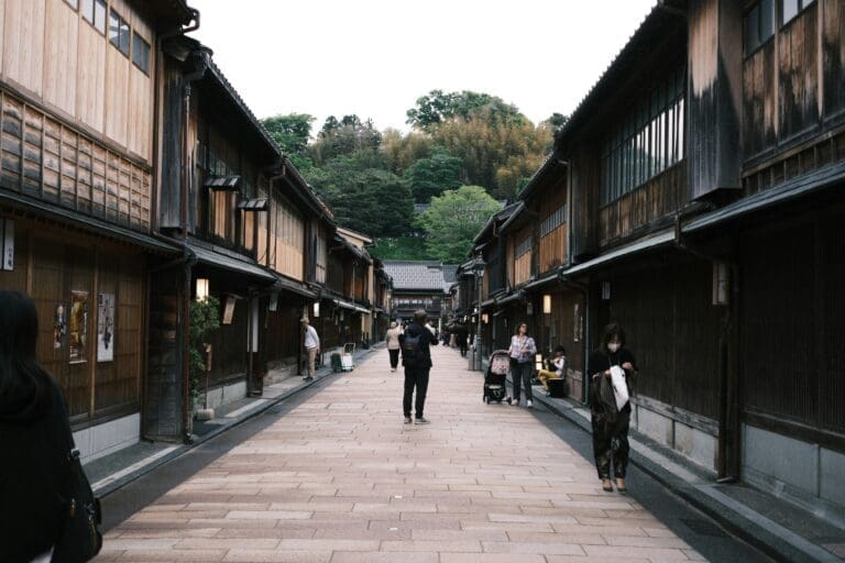 Higashi Chaya pedestrian street lined with traditional wooden tea houses in Kanazawa