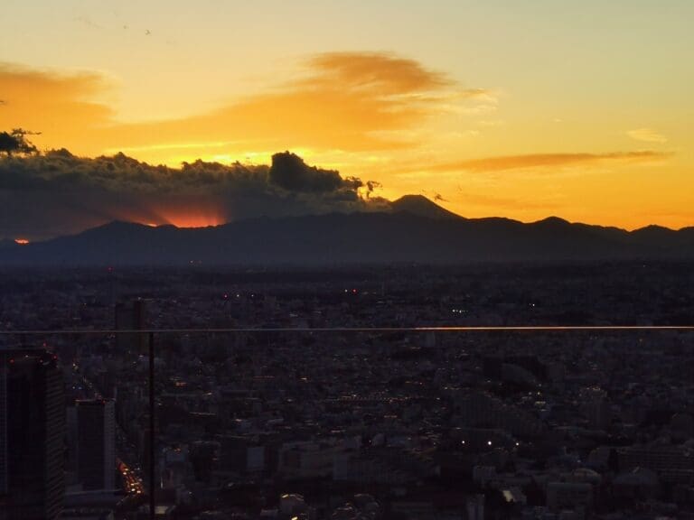 Sunset over Shibuya cityscape with Mount Fuji silhouette