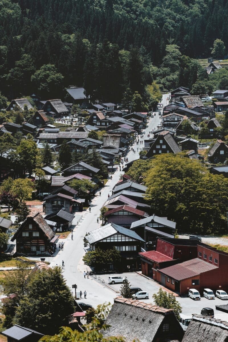 Aerial view of Shirakawa-go village with traditional thatched roofs in Gifu, Japan