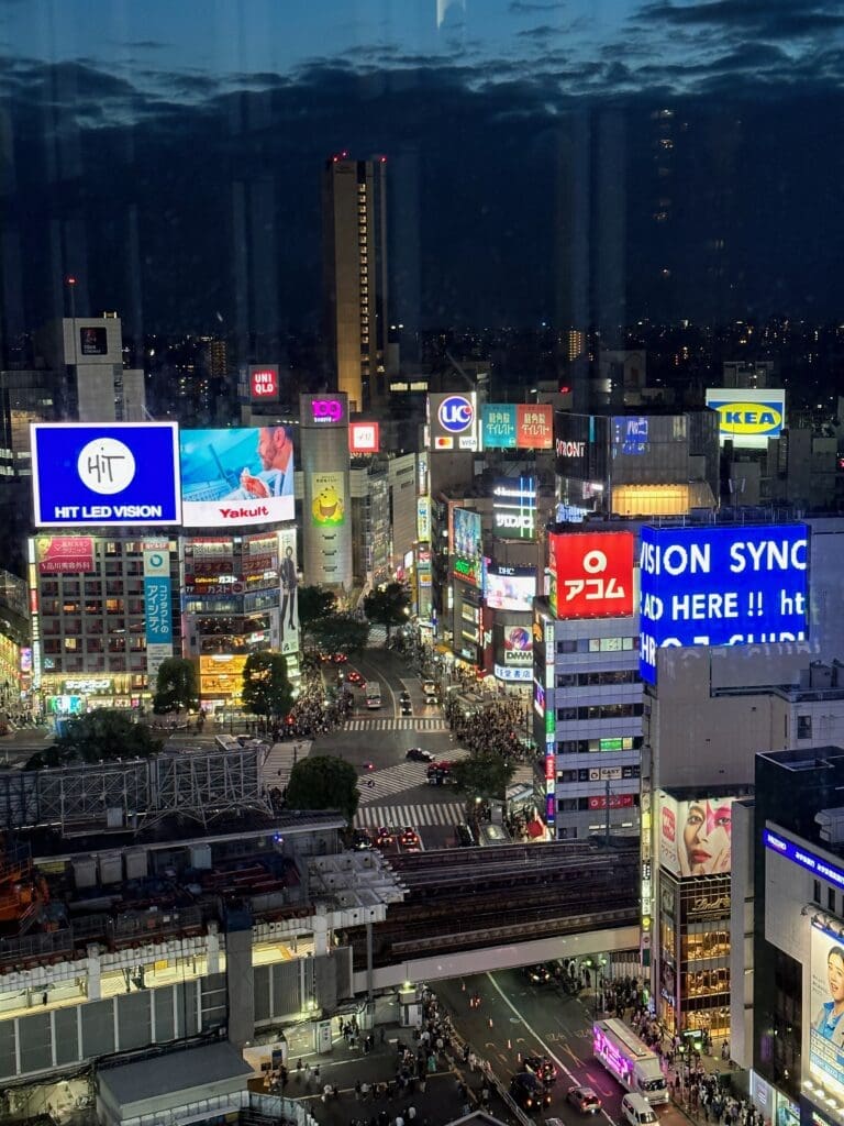 Aerial view of Shibuya scramble crossing in Tokyo at night