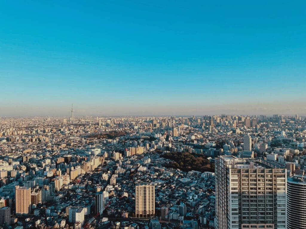 Aerial view of Tokyo cityscape with Yoyogi Park and Tokyo Skytree under clear blue sky from Ikebukuro Sunshine 60