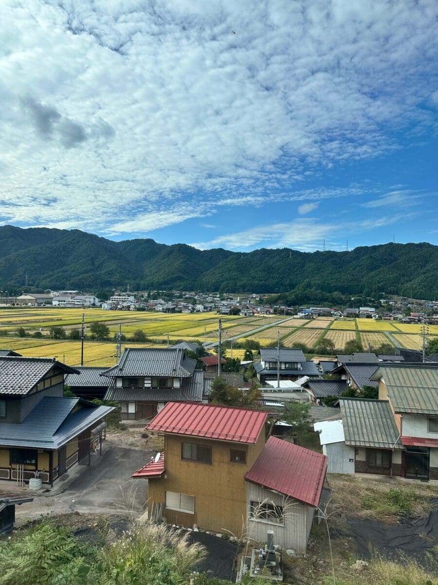 View from Limited Express Hida train showing a rural Japanese village with houses, golden rice paddies and forested mountains under a cloudy sky