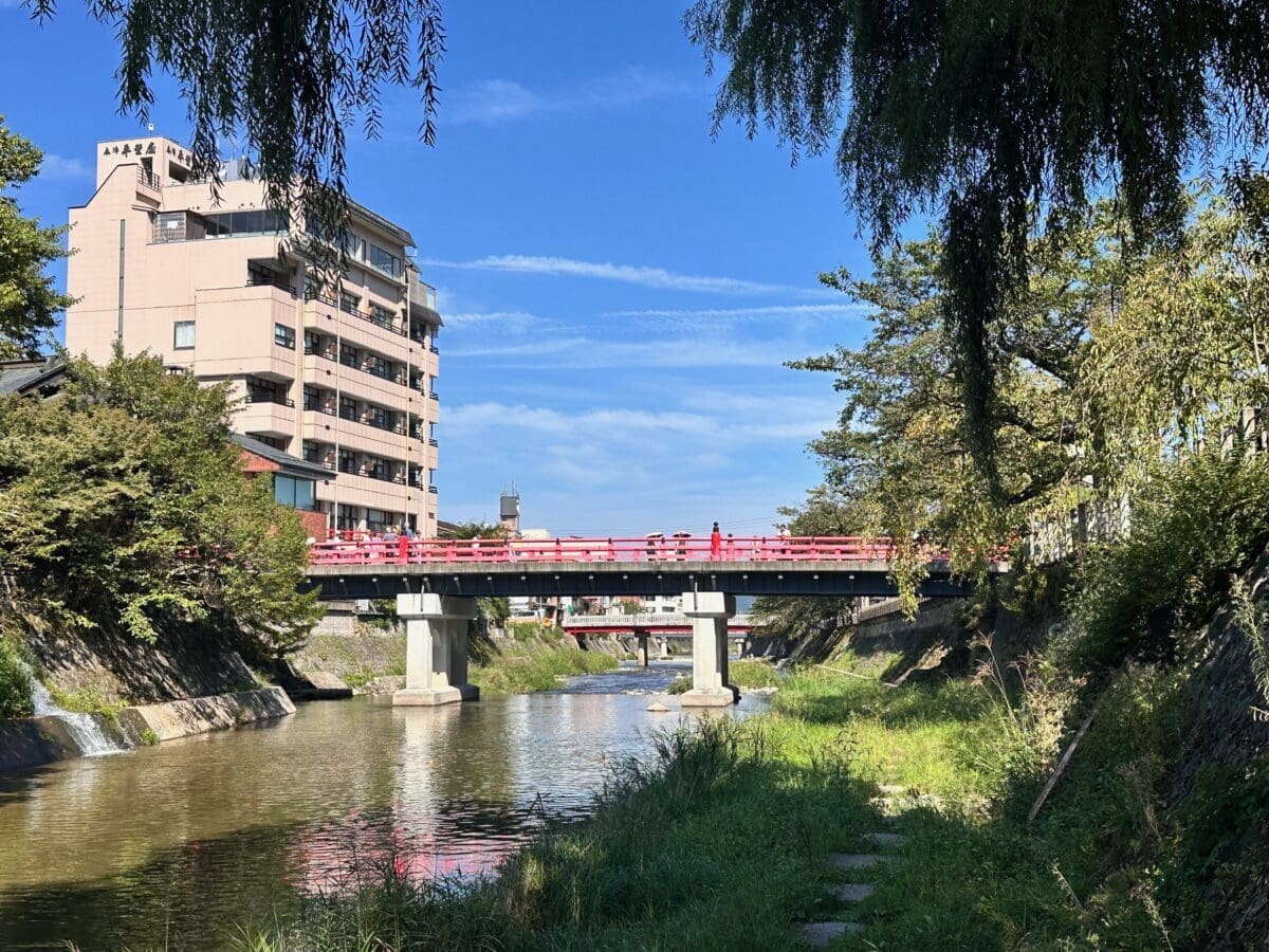 Red bridge over river in Takayama