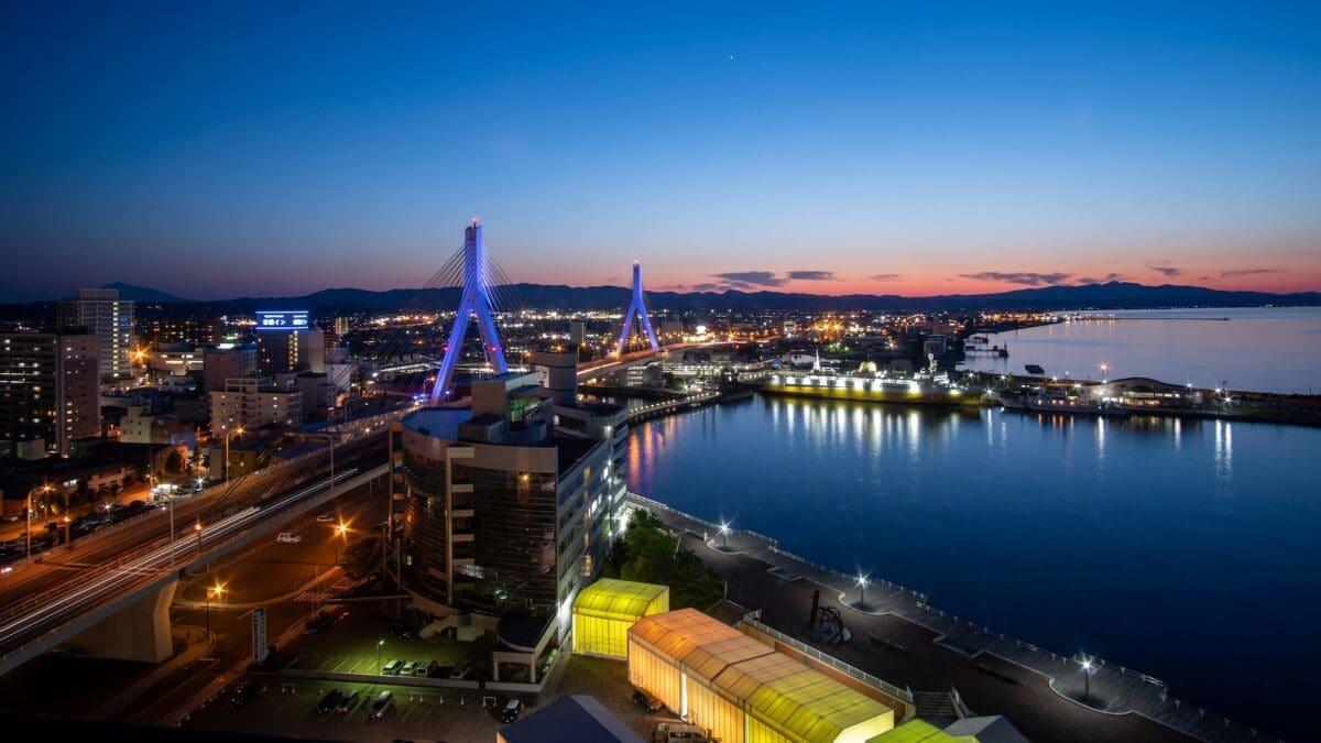 Aomori Bay Bridge and harbor at night