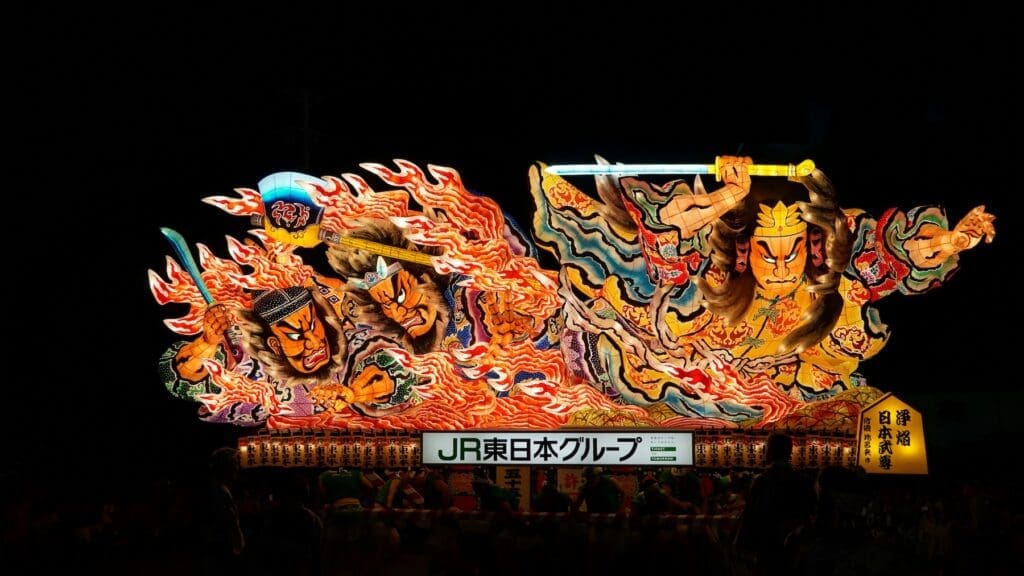 Illuminated warrior float at the Aomori Nebuta Festival at night in Aomori, Japan