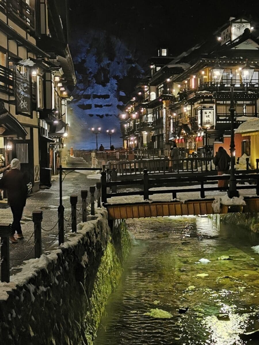 Ginzan Onsen at night in winter
