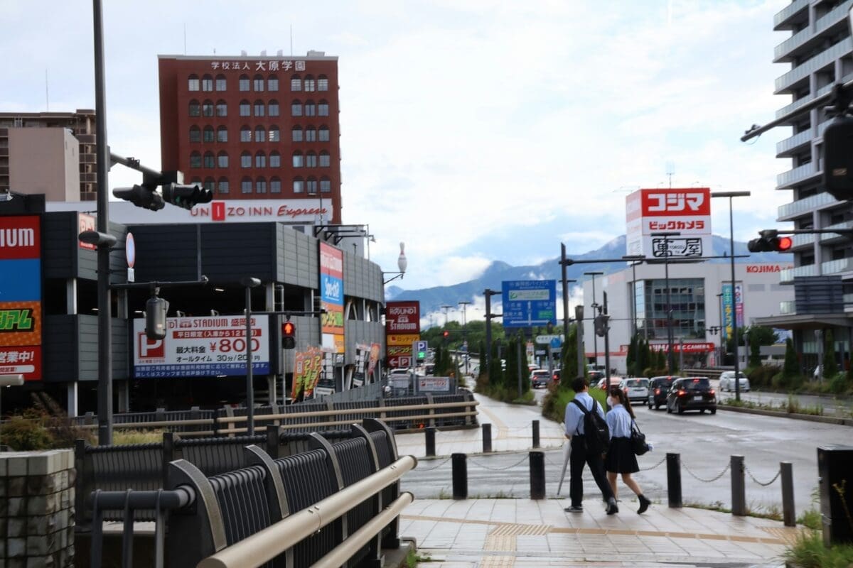 Morioka city street with mountains in the background
